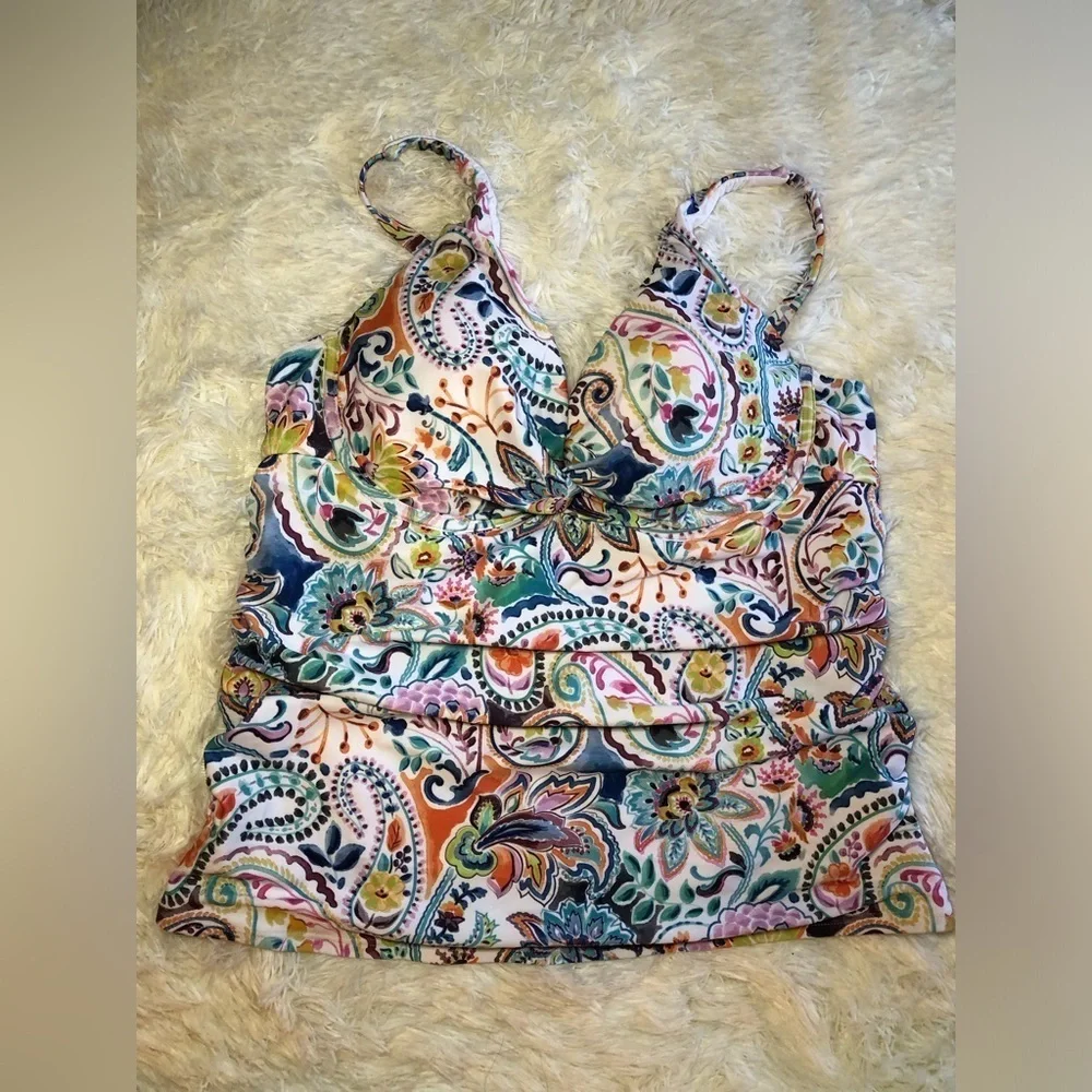 VENUS Blue and Orange Ruched Fitted Floral geometric Bikini tankini size 12 NWT